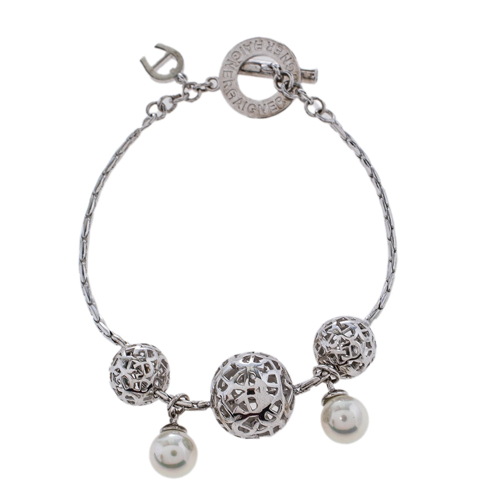 AIGNER Silver Tone Logo Sphere Pearl Toggle Bracelet