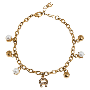 AIGNER Gold Tone Faux Pearl Charms Bracelet