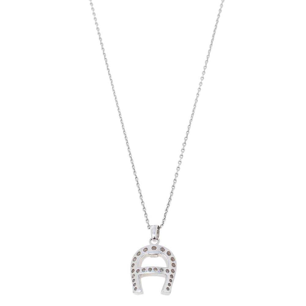 AIGNER Silver Tone Crystal Logo Pendant Necklace