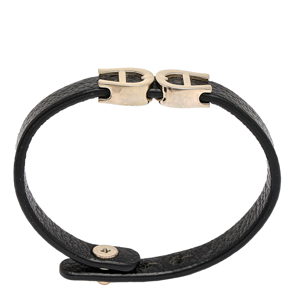 AIGNER Black Leather Gold Tone Logo Bracelet