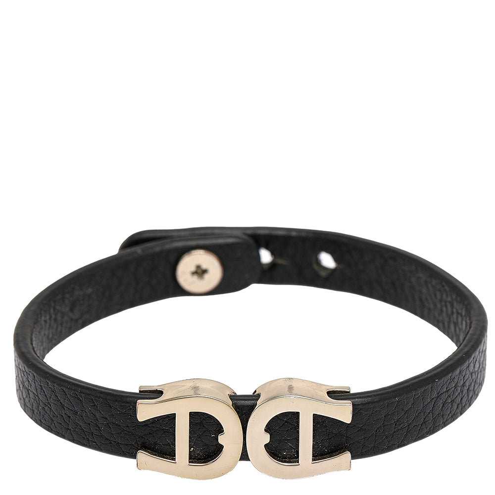 AIGNER Black Leather Gold Tone Logo Bracelet