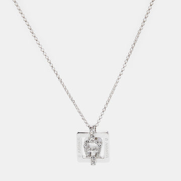 AIGNER Silver Tone Square Crystal Logo Pendant Necklace