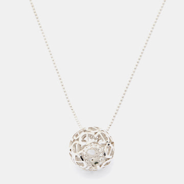 AIGNER Silver Tone Crystal Logo Hollow Ball Pendant Necklace