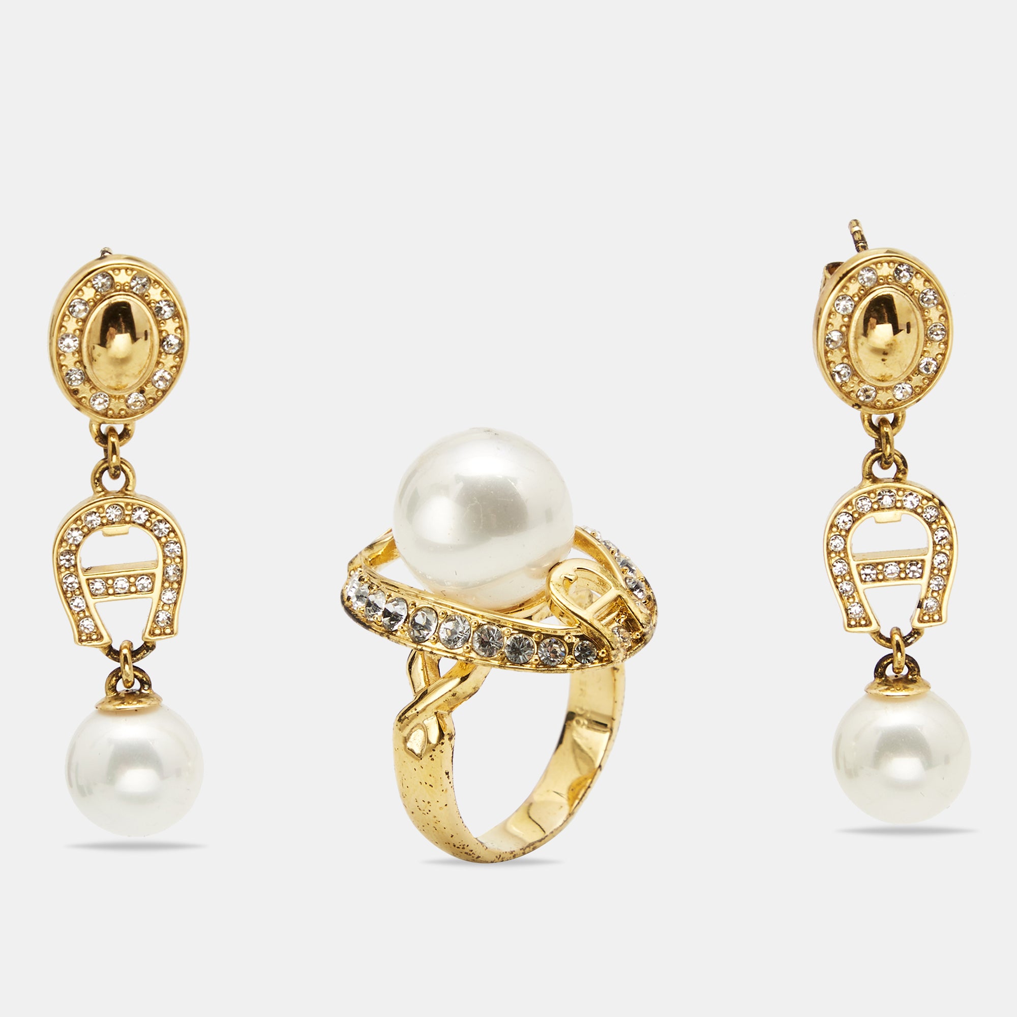 AIGNER Crystal Faux Pearl Gold Tone Ring and Earrings