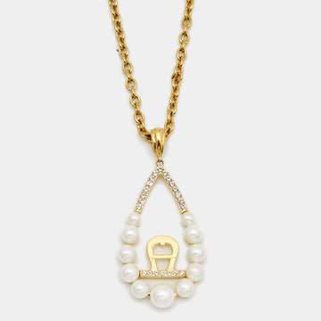 AIGNER Faux Pearl Crystal Gold Tone Pendant Necklace