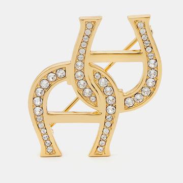 AIGNER Gold Tone Double Crystal Logo Pin Brooch