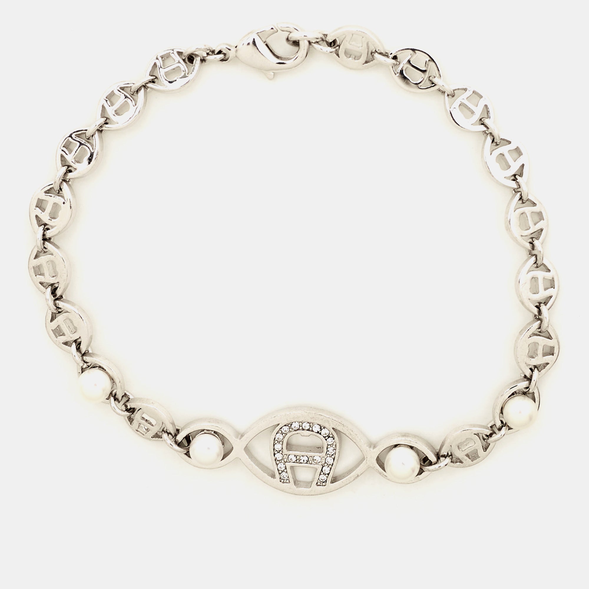 AIGNER Logo Crystal Faux Pearl Silver Tone Bracelet