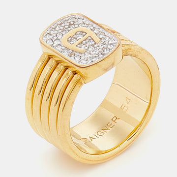 AIGNER Gold Tone Crystal Logo Band Ring Size EU 54