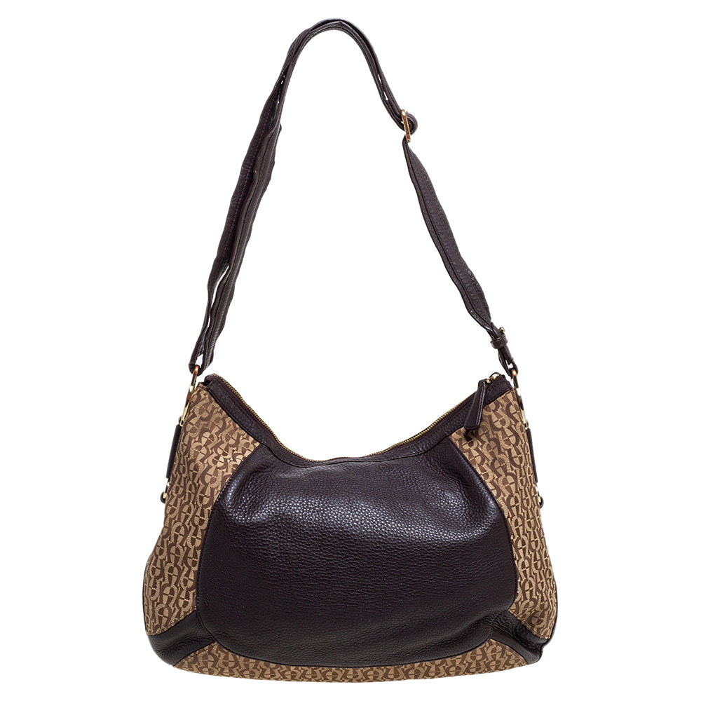 AIGNER Brown Beige Signature Canvas and Leather Hobo