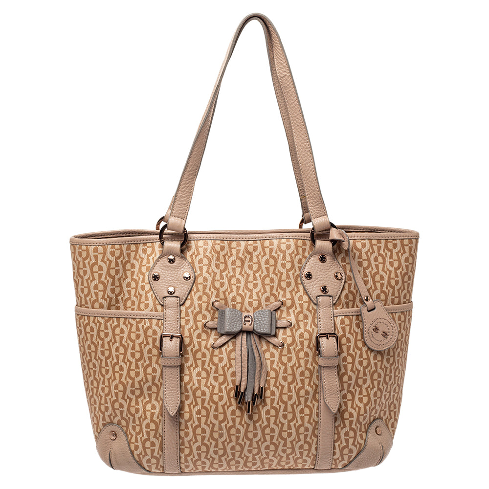 AIGNER Beige Pink Signature Coated Canvas and Leather Bow Tote