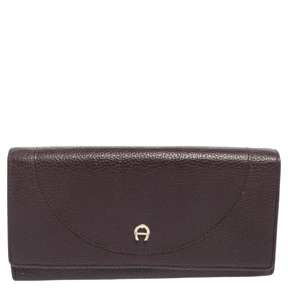 AIGNER Plum Leather Logo Flap Continental Wallet