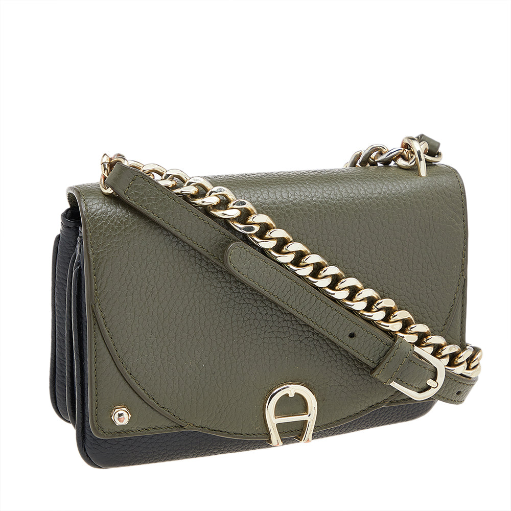 AIGNER Dark Green Black Leather Diadora Crossbody Bag