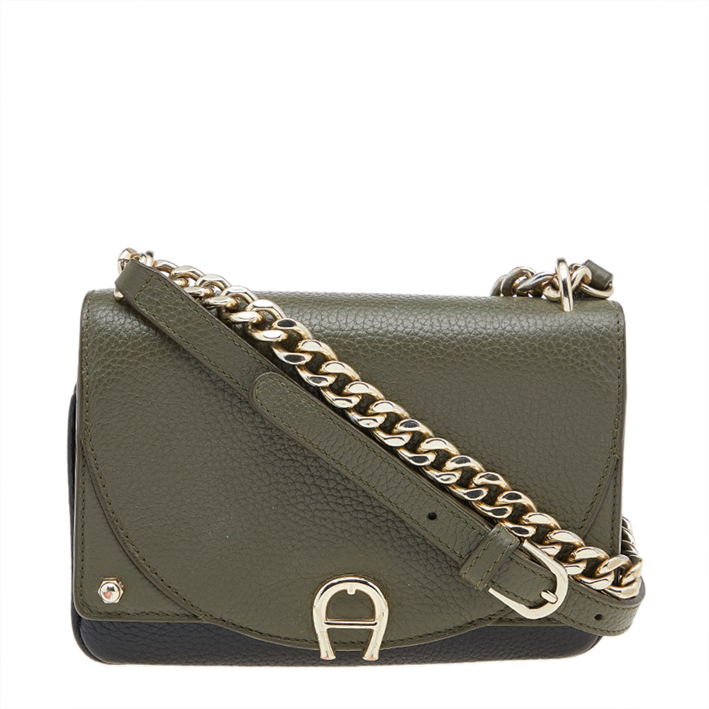 AIGNER Dark Green Black Leather Diadora Crossbody Bag