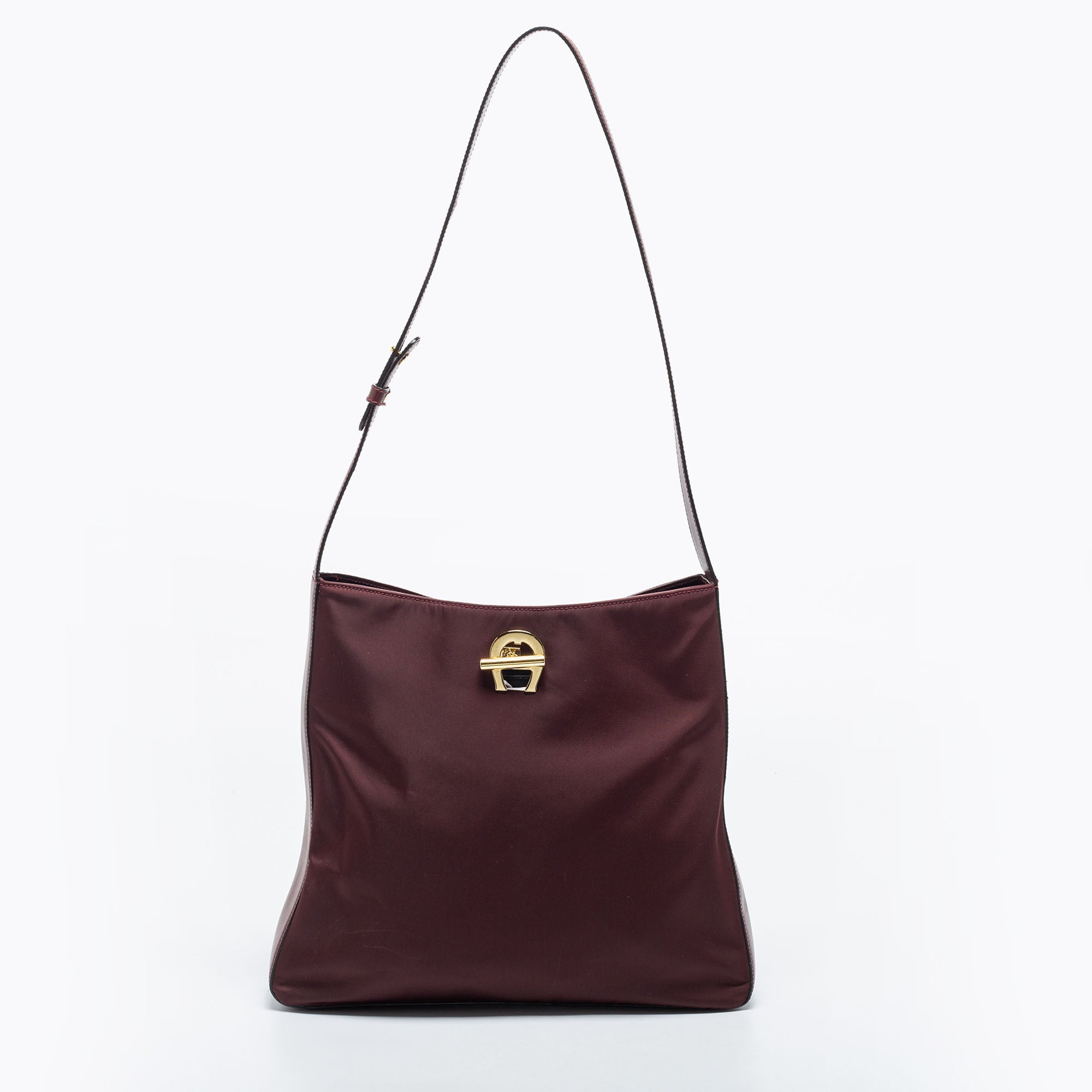 AIGNER Burgundy Nylon and Leather Logo Lock Shoulder Bag