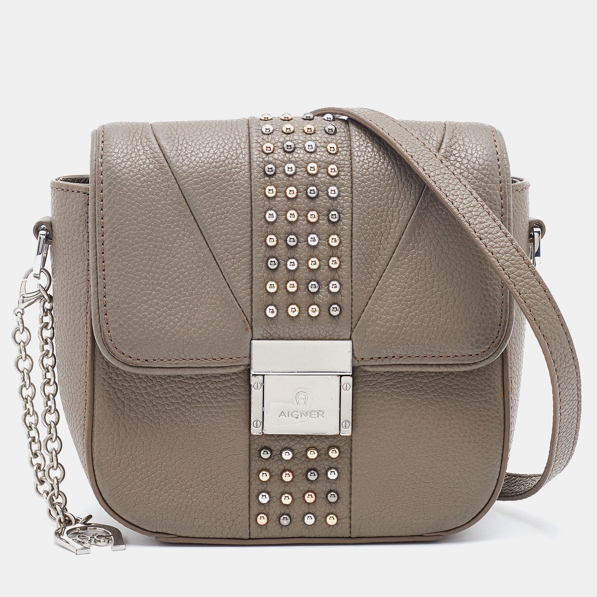 AIGNER Grey Leather Studded Flap Shoulder Bag