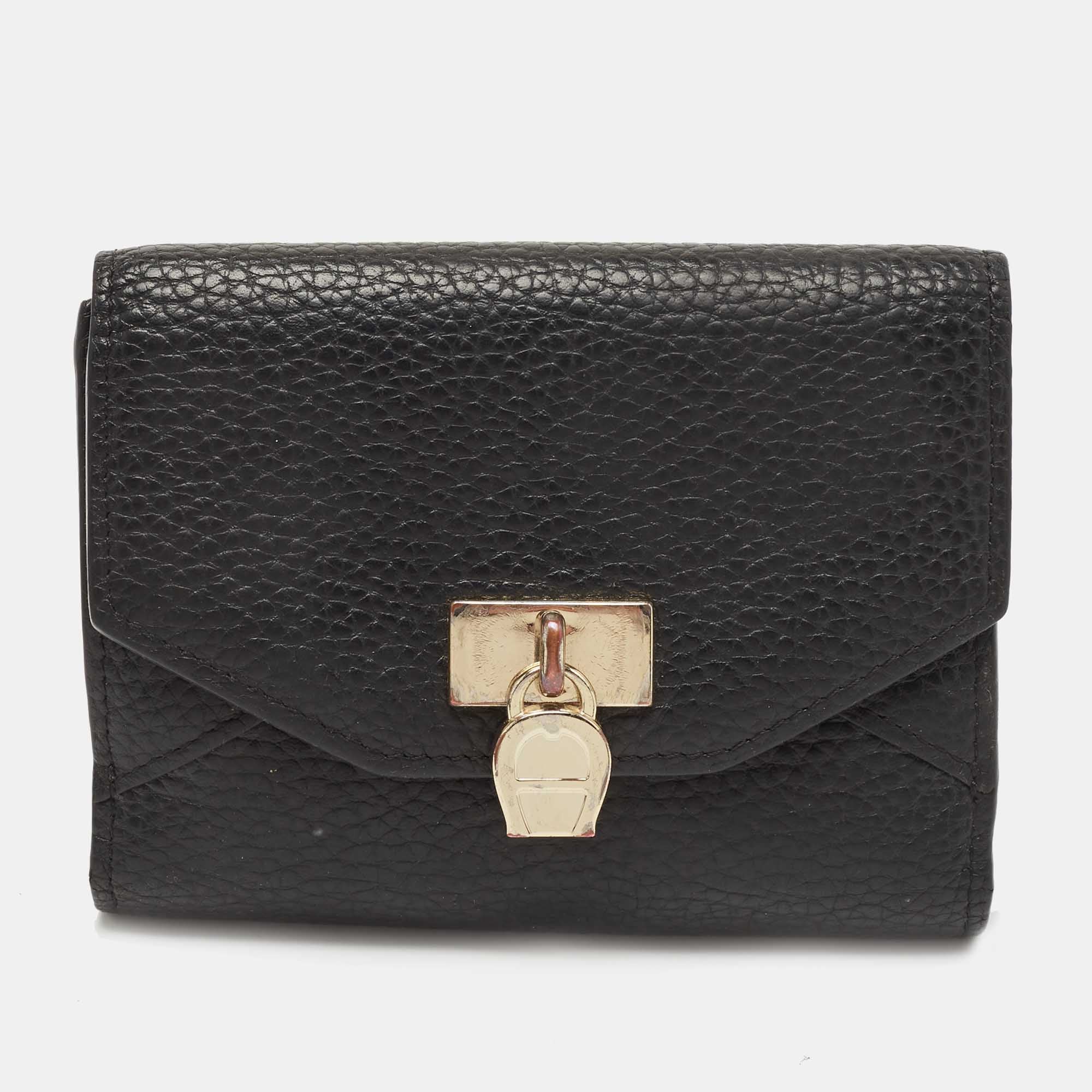 AIGNER Black Leather Envelope Flap Compact Wallet