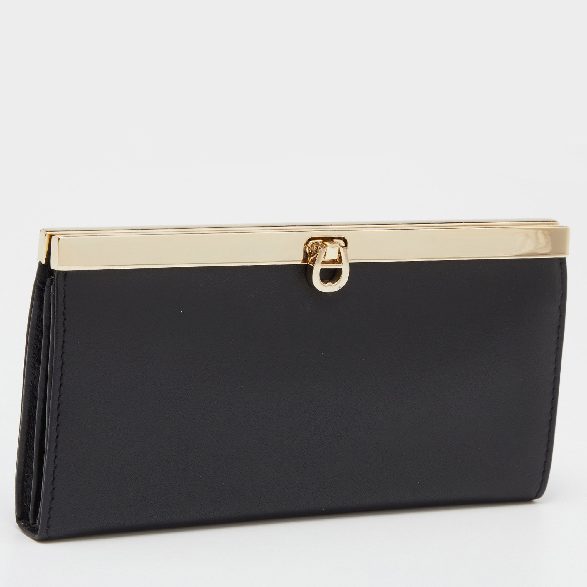 AIGNER Black Leather Metal Frame Continental Wallet