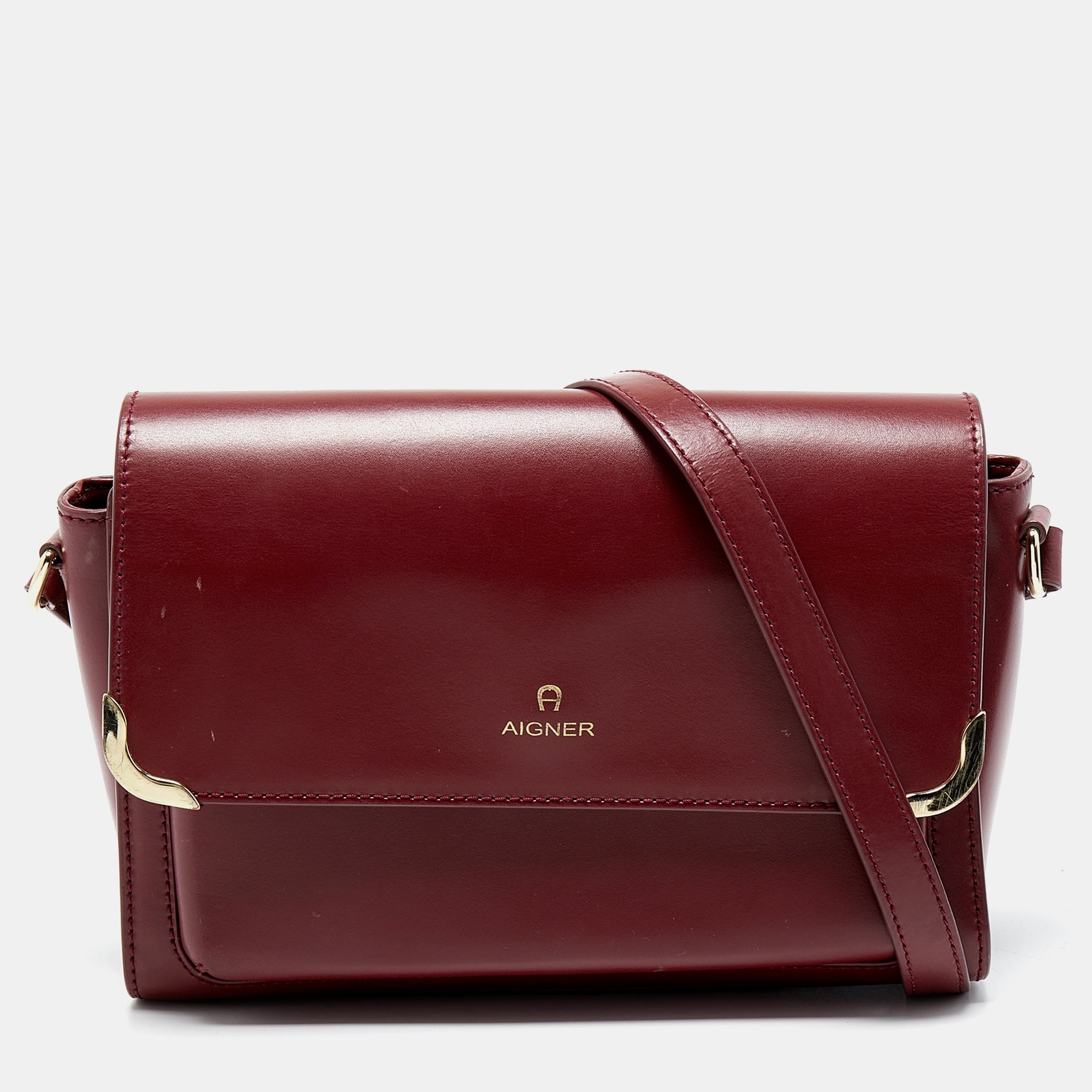 AIGNER Burgundy Leather Amber Flap Crossbody Bag