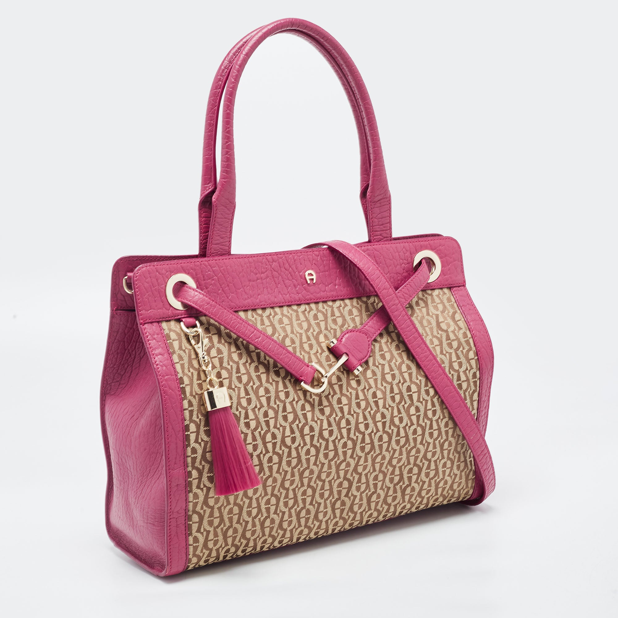 AIGNER Dark Pink Beige Monogram Canvas and Leather Cavallina Tote