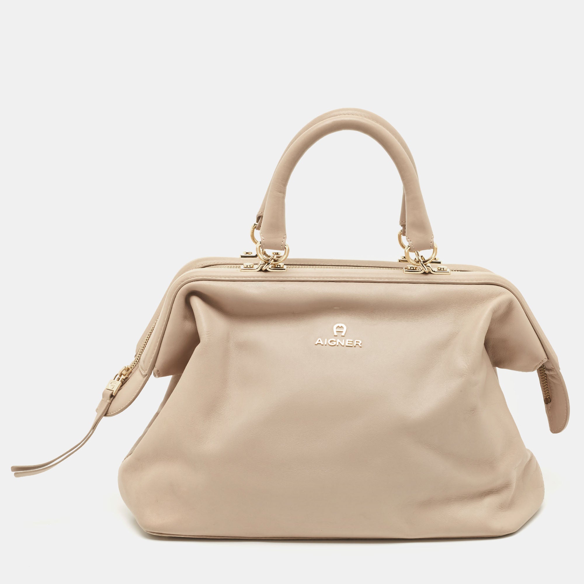 AIGNER Taupe Leather Frame Satchel