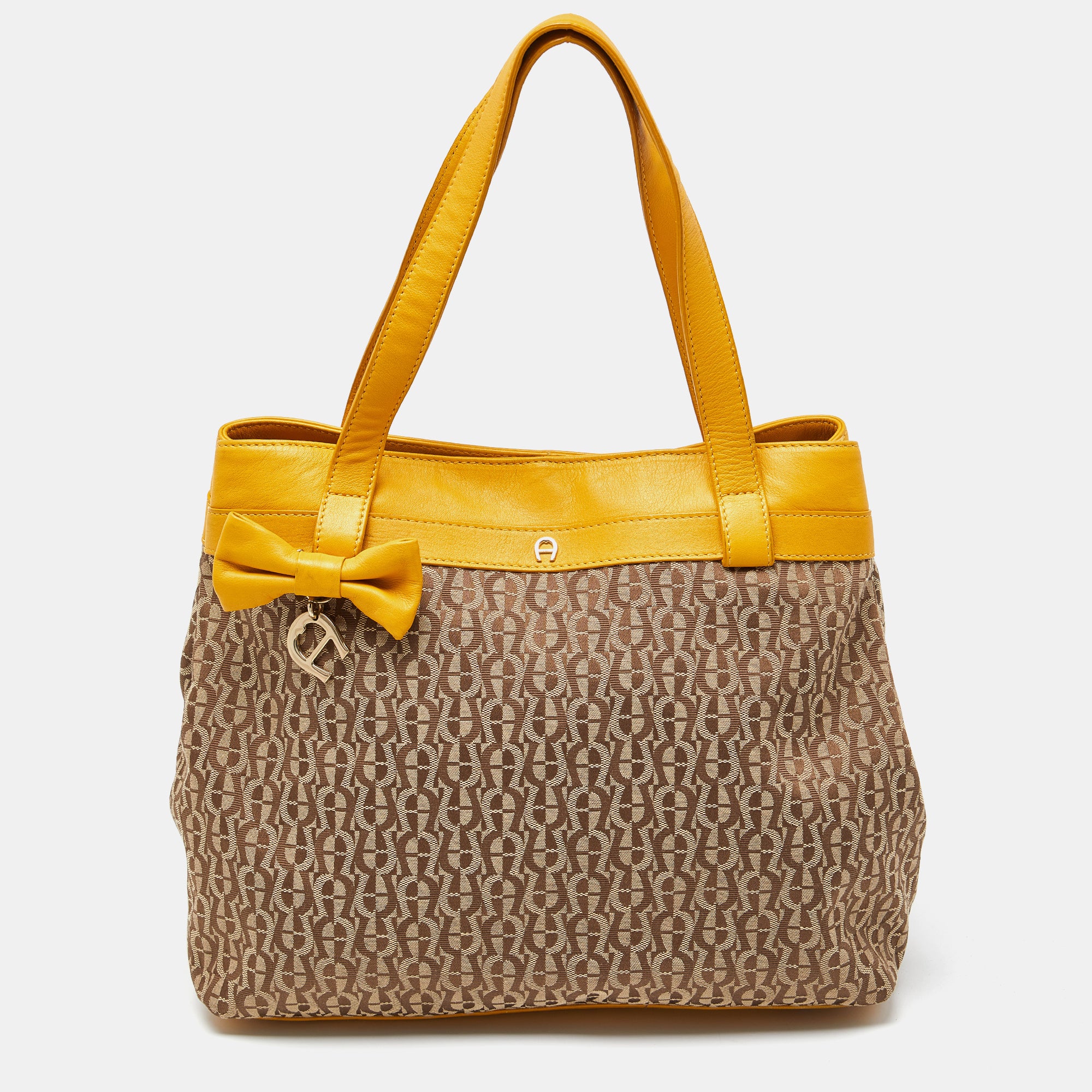 AIGNER Beige Mustard Signature Canvas and Leather Tote