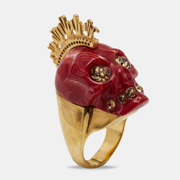 Alexander McQueen Punk Skull Plexi Marbled Resin Crystals Gold Tone Ring Size 53