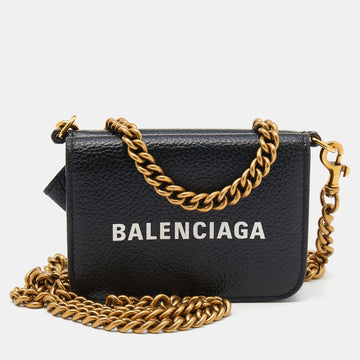 Balenciaga Black Leather Mini Logo Print Wallet on Chain