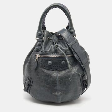 Balenciaga Grey Leather Giant Brogue Pompon Hobo