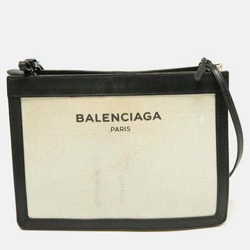 Balenciaga White/Black Canvas and Leather Medium Navy Pouch Crossbody Bag