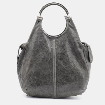 BALENCIAGA Grey Leather Pompon Shoulder Bag