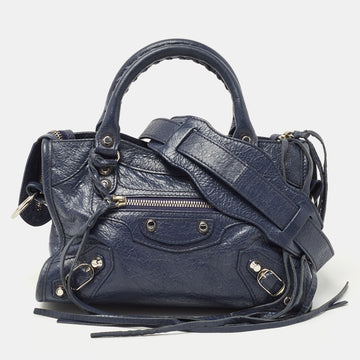 Balenciaga Navy Blue Leather Mini Classic Metallic Edge City Bag