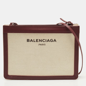 BALENCIAGA Off-White/Burgundy Canvas and Leather Navy Pochette Crossbody Bag