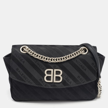 BALENCIAGA Black Fabric BB Chain Round Shoulder Bag