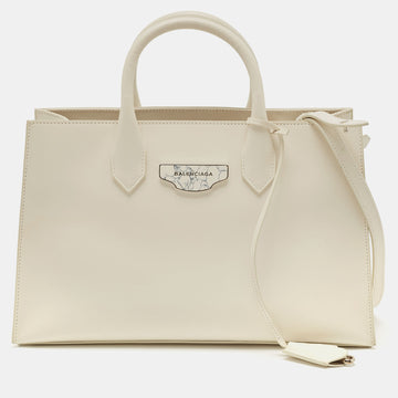 BALENCIAGA Off White Leather Padlock Nude Marble Tote