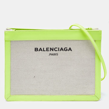 BALENCIAGA Off White/Neon Green Canvas and Leather Navy Pochette Crossbody Bag