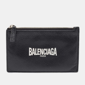 BALENCIAGA Black Leather Logo Zip Card Holder