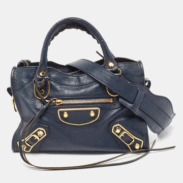 BALENCIAGA Dark Blue Leather Mini Classic City Tote