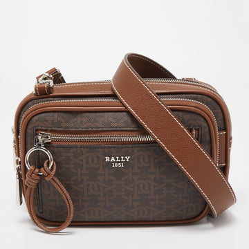 BALLY Two Tone Brown Monogram Canvas and Leather Zip Crossbody Bag