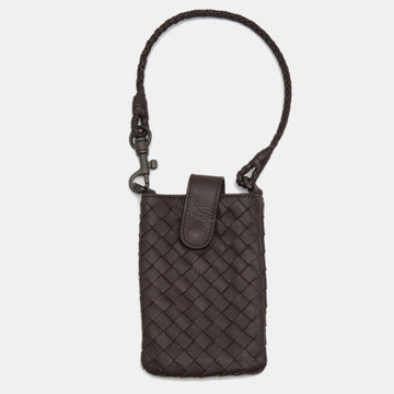 BOTTEGA VENETA Dark Brown Intrecciato Leather Phone Holder