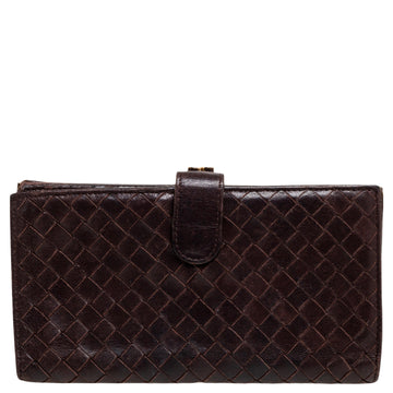 Bottega Veneta Dark Brown Intrecciato Leather Kiss Lock Wallet