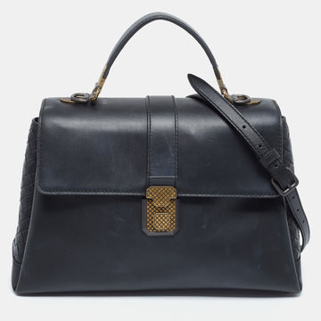 Bottega Veneta Navy Blue Leather Medium Piazza Top Handle Bag