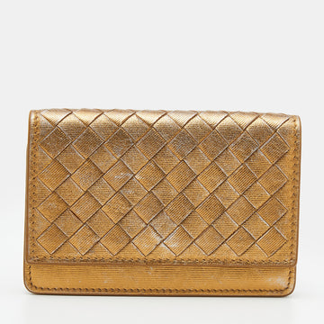 Bottega Veneta Gold Intrecciato Leather Business Card Case