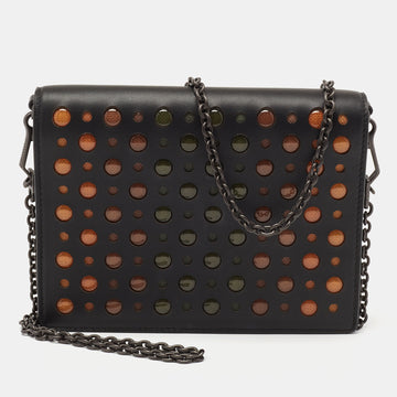 Bottega Veneta Black Leather Embellished Flap Wallet On Chain