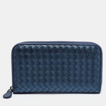 Bottega Veneta Metallic Blue Intrecciato Leather Zip Around Wallet