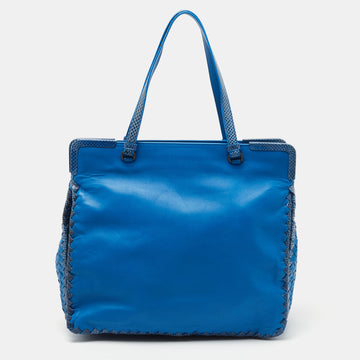 Bottega Veneta Blue Intrecciato Leather and Karung Frame Tote