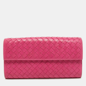 Bottega Veneta Pink Intrecciato Leather Flap Zip Around Wallet