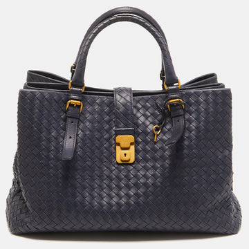 Bottega Veneta Navy Blue Intrecciato Leather Medium Roma Tote