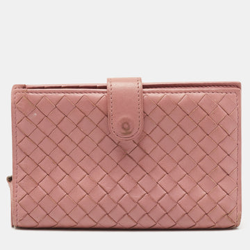 BOTTEGA VENETA Pink Intrecciato Leather French Compact Wallet