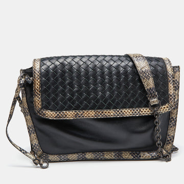 BOTTEGA VENETA Black/Beige Intrecciato Leather and Watersnake Leather Crossbody Bag