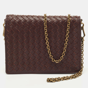 BOTTEGA VENETA Dark Burgundy Intrecciato Leather Flap Chain Clutch